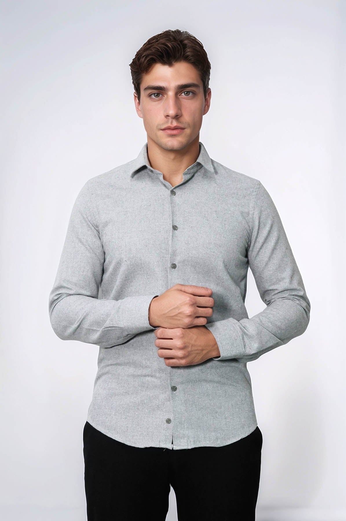 Slim Fit Plain Light Grey Men Lumberjack Shirt - Wessi