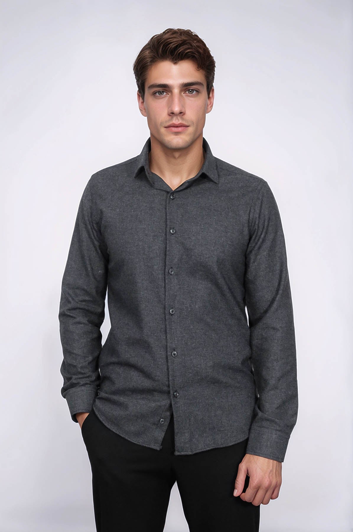 Slim Fit Plain Dark Grey Men Lumberjack Shirt - Wessi