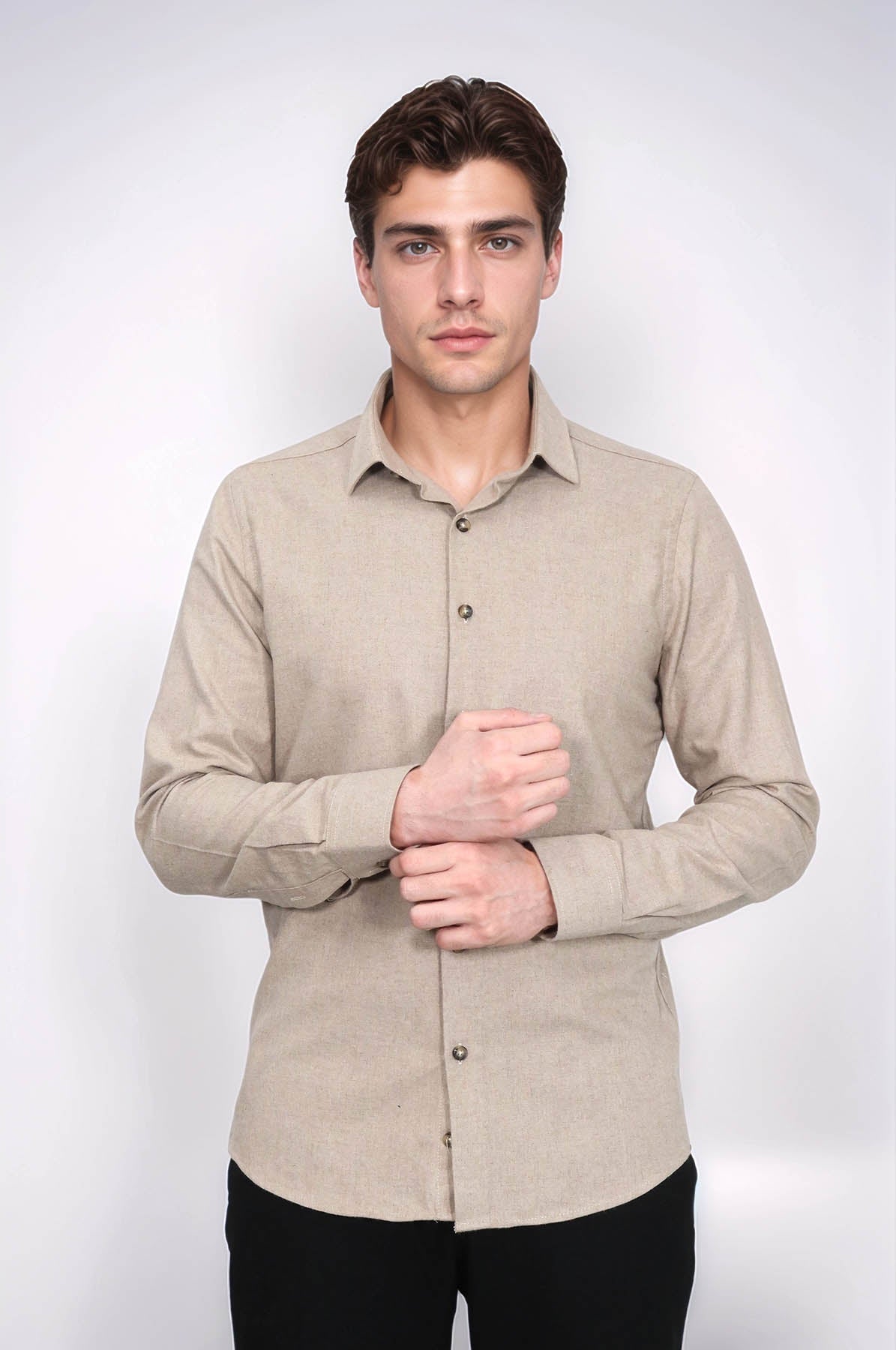 Slim Fit Cotton Plain Beige Men Lumberjack Shirt - Wessi