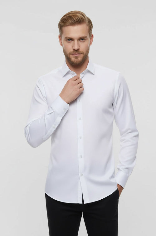 Oxford Patterned Long Sleeves Slim Fit White Men Shirt - Wessi