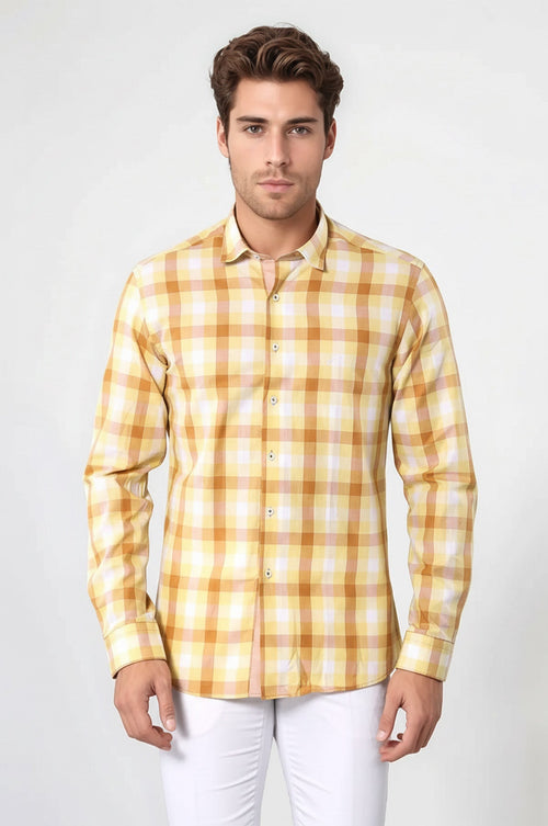 Slim Fit Plaid Patterned Yellow Shirt - Wessi