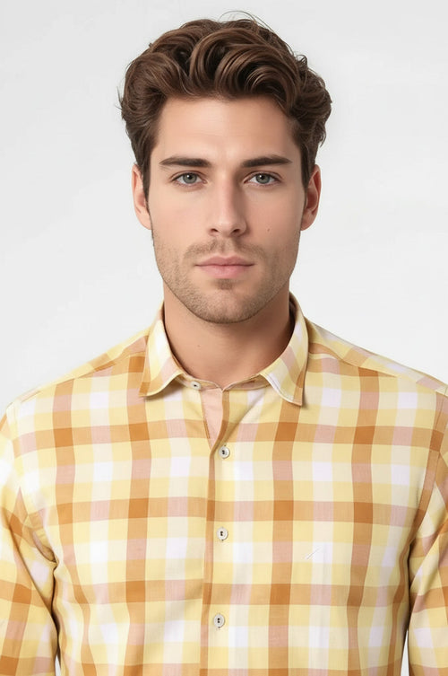 Slim Fit Plaid Patterned Yellow Shirt - Wessi