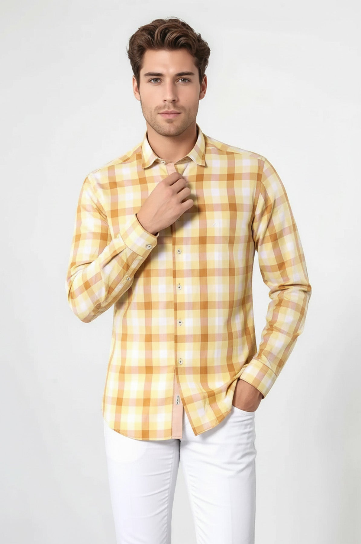 Slim Fit Plaid Patterned Yellow Shirt - Wessi