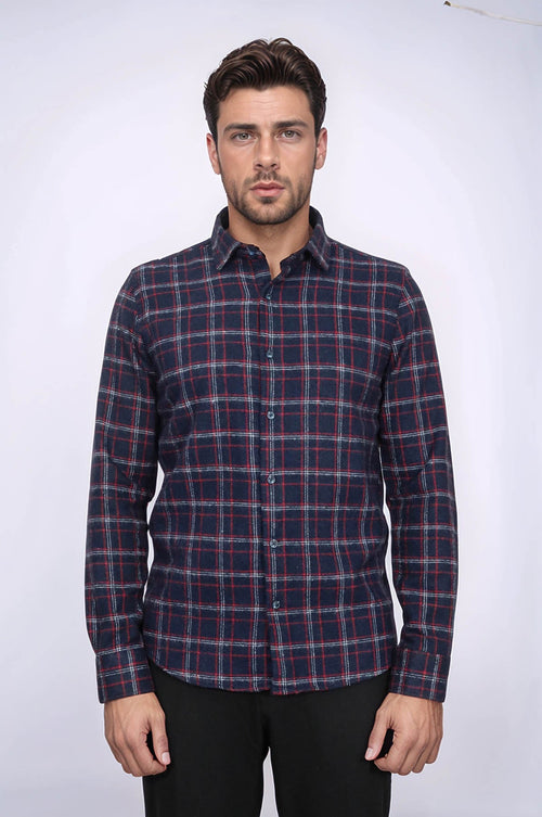 Thick Patterned Navy Blue Men Lumberjack Shirt - Wessi
