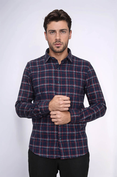 Thick Patterned Navy Blue Men Lumberjack Shirt - Wessi