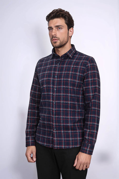 Thick Patterned Navy Blue Men Lumberjack Shirt - Wessi