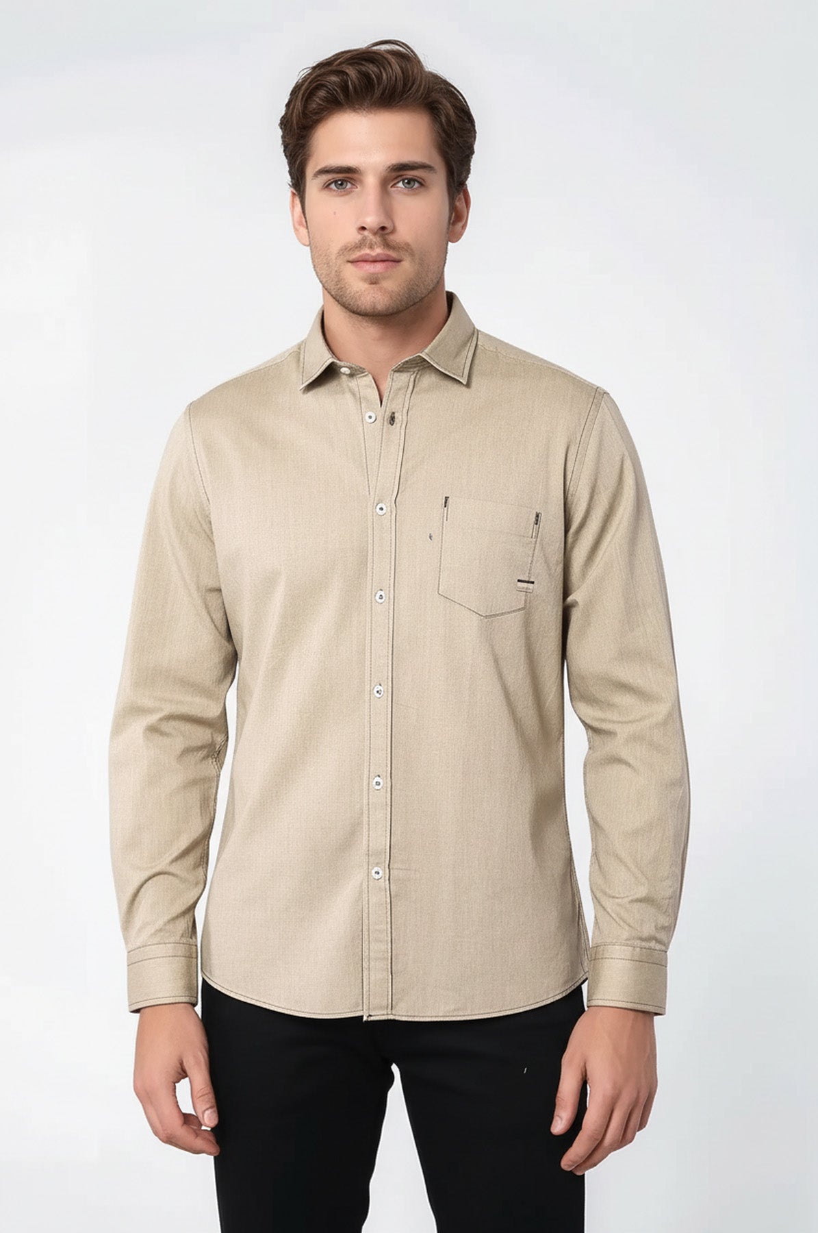 Cotton Long Sleeves Beige Men Shirt - Wessi