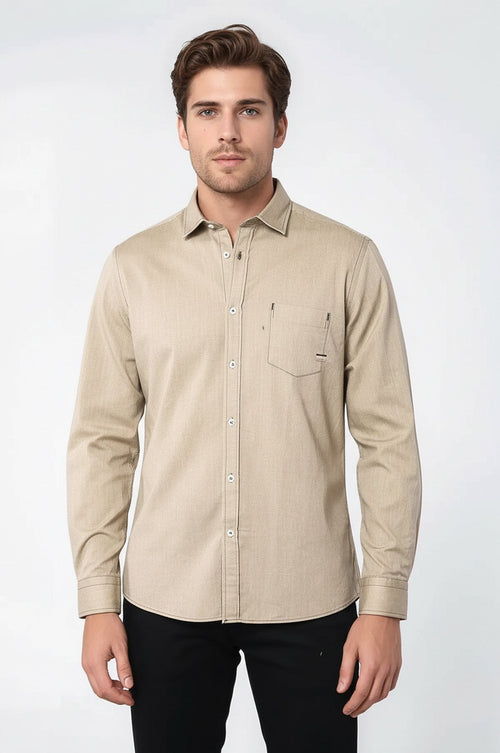 Cotton Long Sleeves Beige Men Shirt - Wessi