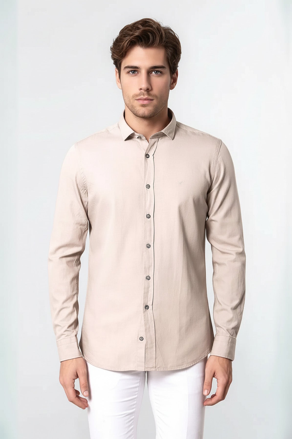 Patterned Cotton Slim Fit Beige Shirt - Wessi
