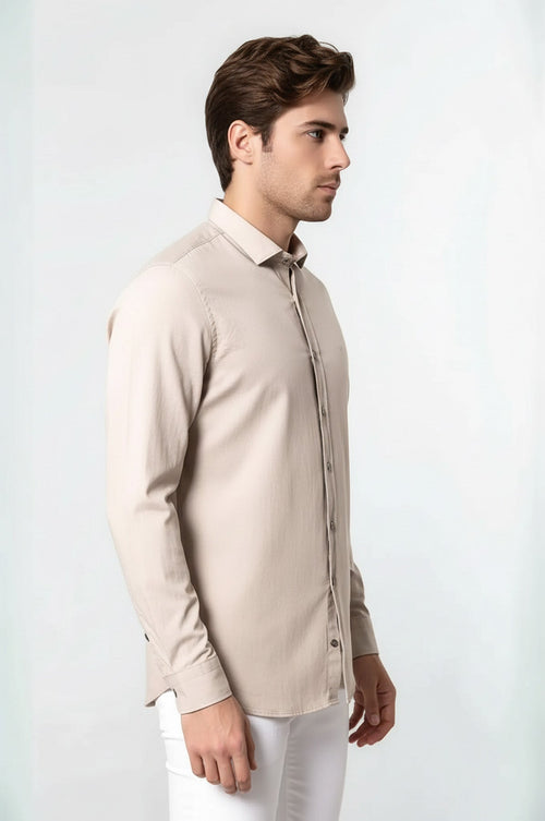 Patterned Cotton Slim Fit Beige Shirt - Wessi