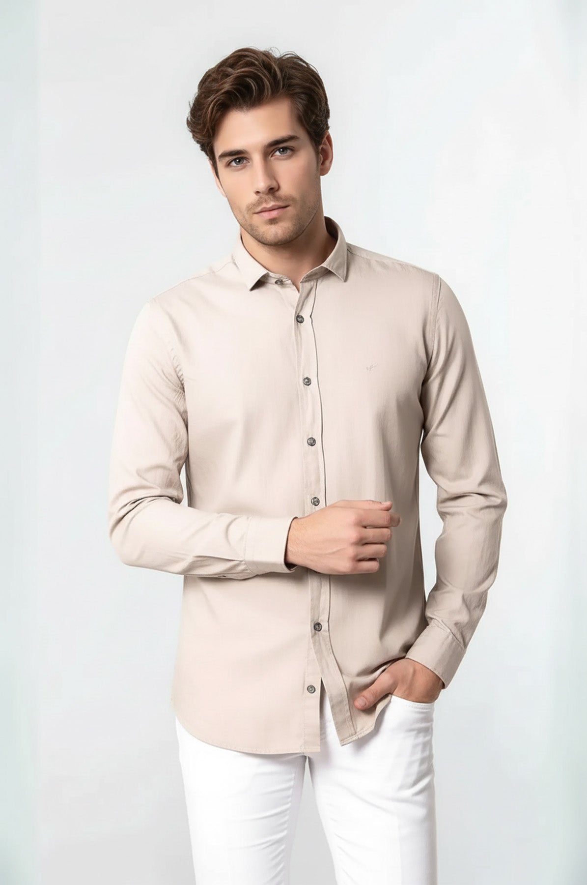 Patterned Cotton Slim Fit Beige Shirt - Wessi