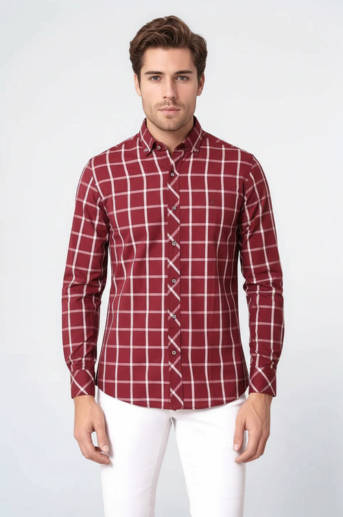 Plaid Slim Fit Burgundy Shirt - Wessi