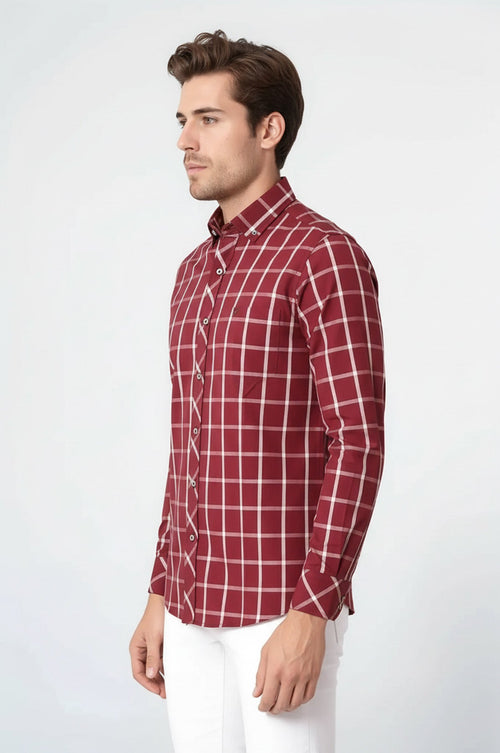Plaid Slim Fit Burgundy Shirt - Wessi