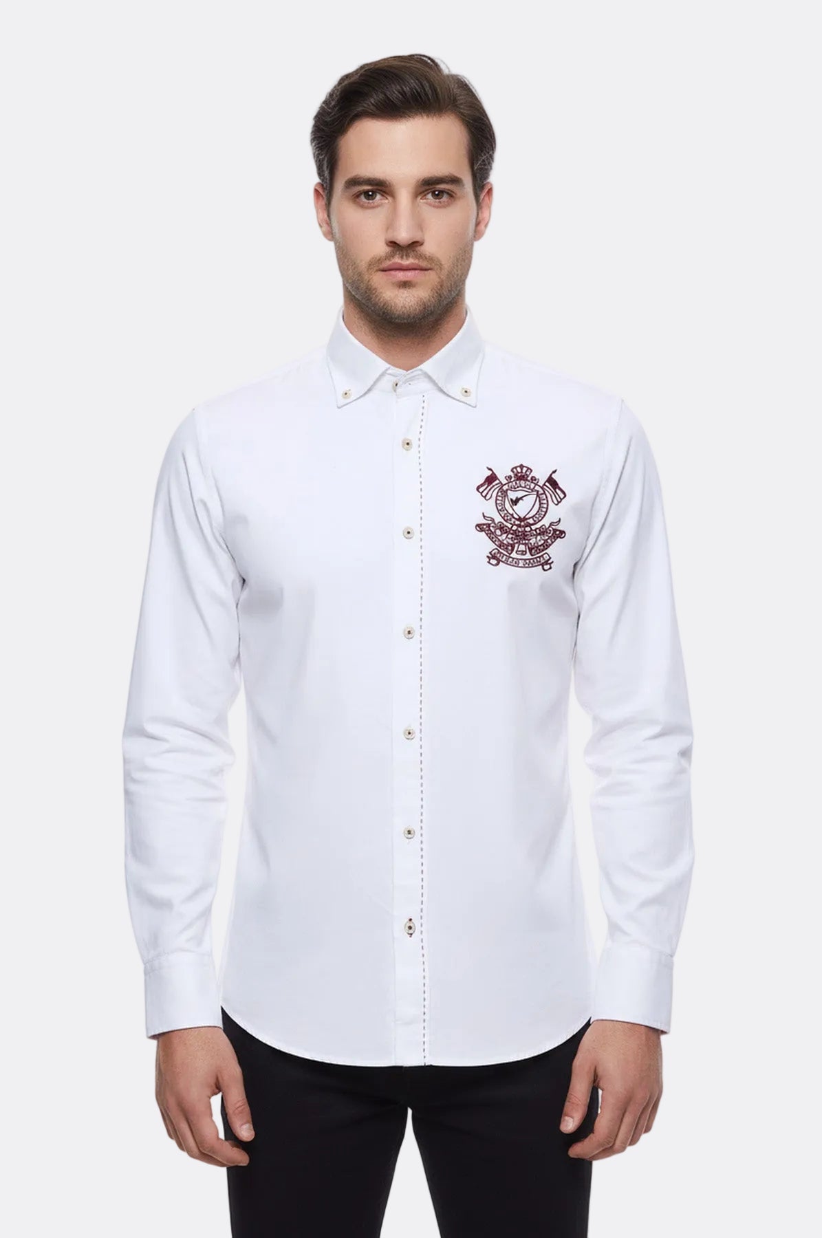 Burgundy Embroidery Pattern Long Sleeves White Men Shirt - Wessi