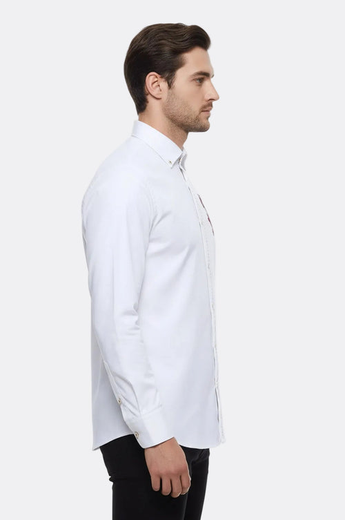 Burgundy Embroidery Pattern Long Sleeves White Men Shirt - Wessi