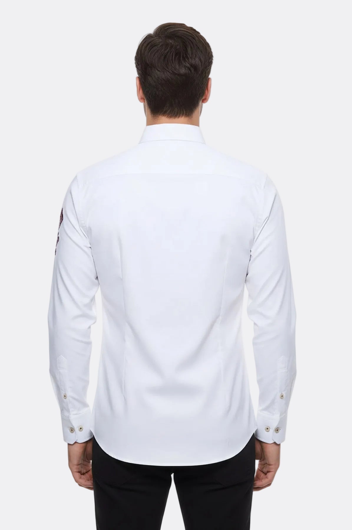Burgundy Embroidery Pattern Long Sleeves White Men Shirt - Wessi