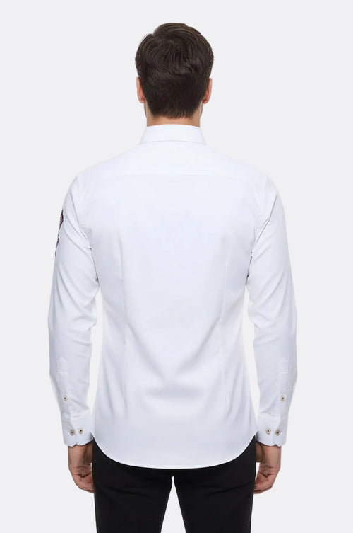 Burgundy Embroidery Pattern Long Sleeves White Men Shirt - Wessi