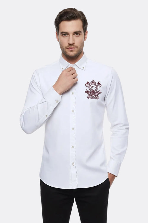 Burgundy Embroidery Pattern Long Sleeves White Men Shirt - Wessi