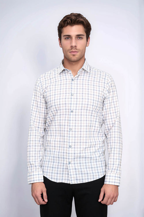 Cream Slim Fit Check Men's Shirt - Wessi