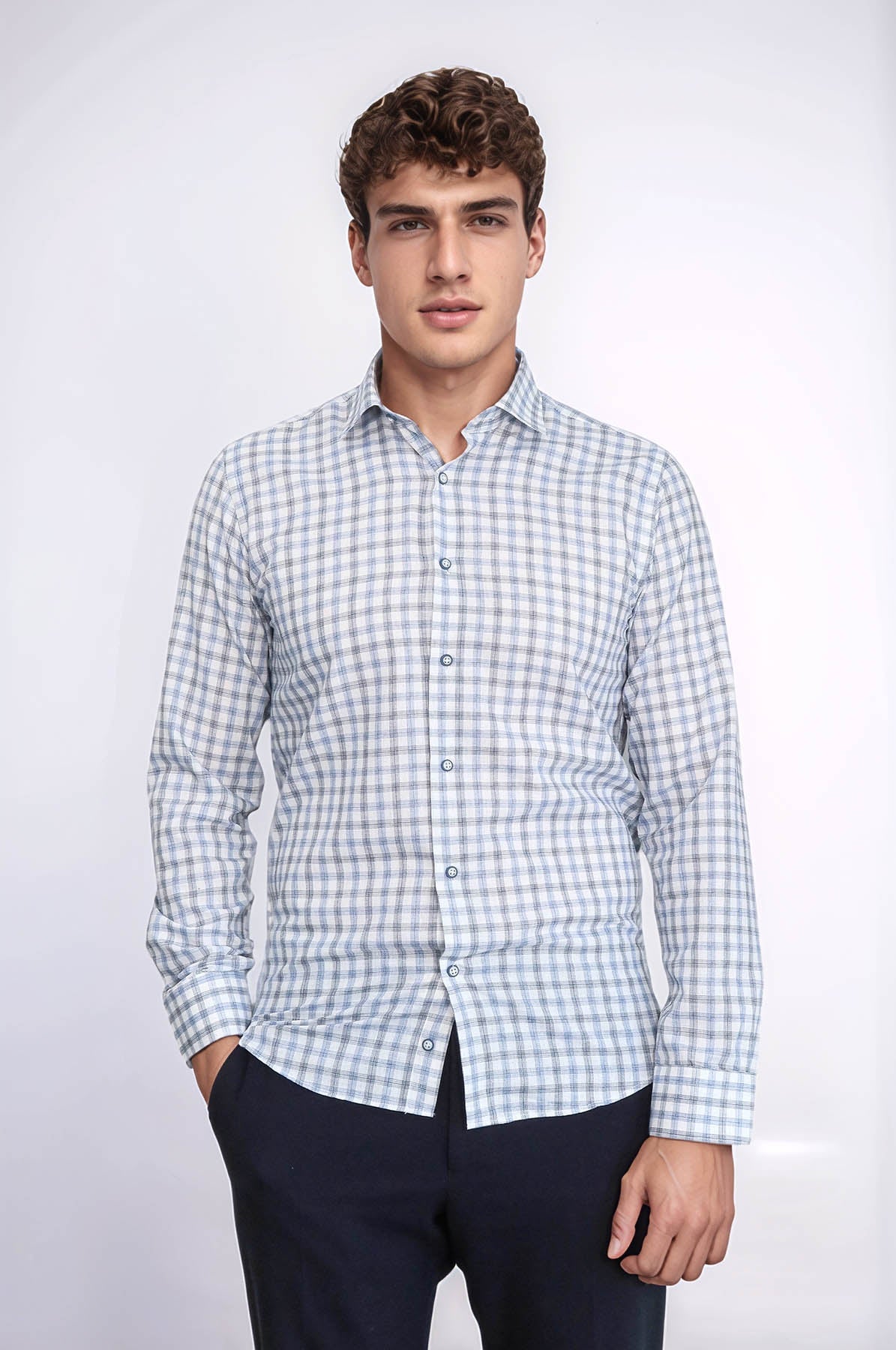 Blue Slim Fit Check Shirt - Wessi