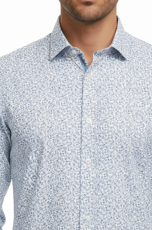 Blue Floral Patterned Slim Fit White Men Shirt - Wessi