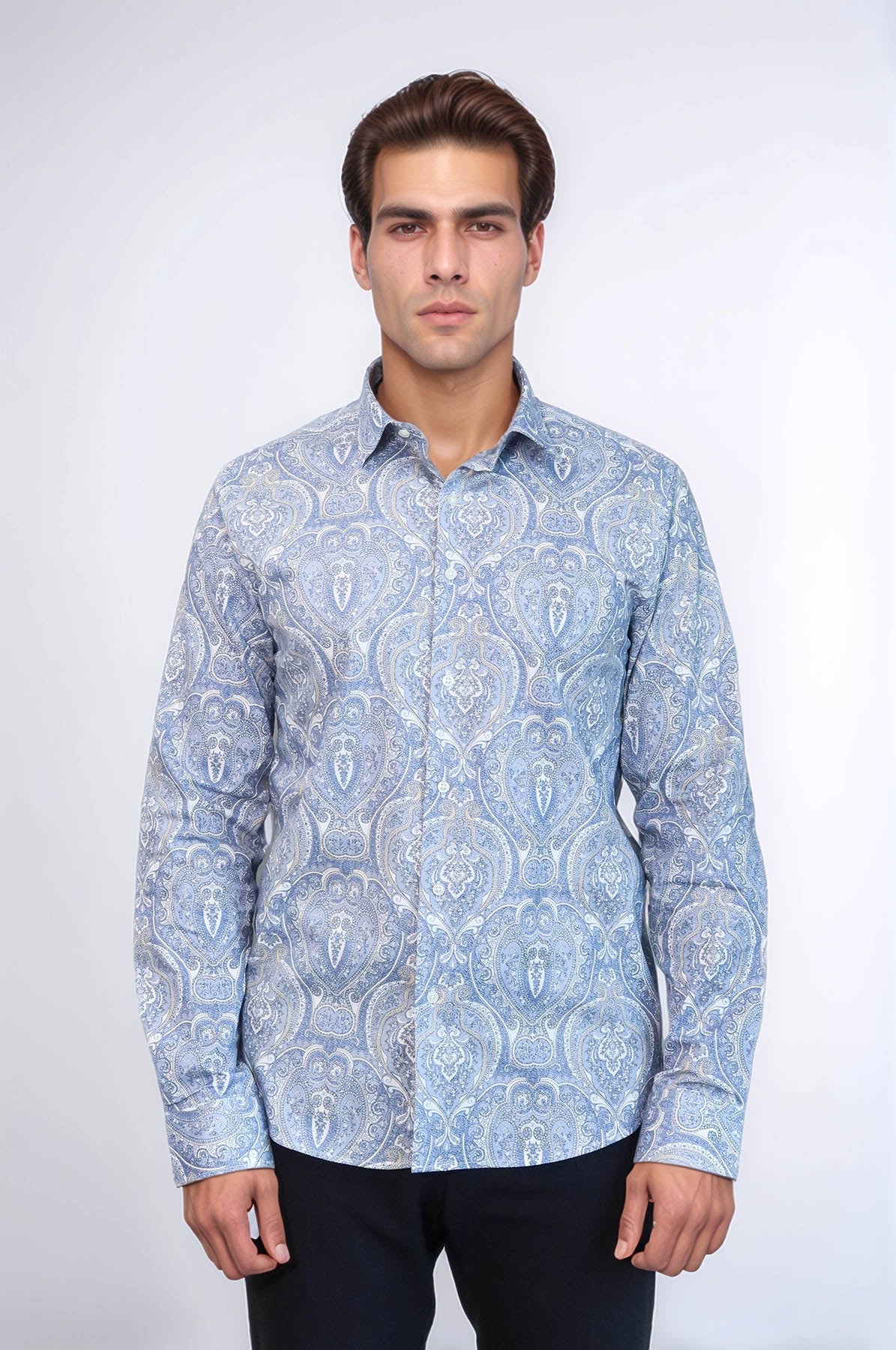 Blue Damask Pattern Slim Fit Shirt - Wessi
