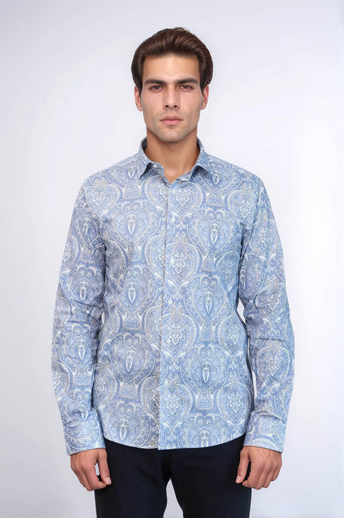 Blue Damask Pattern Slim Fit Shirt - Wessi