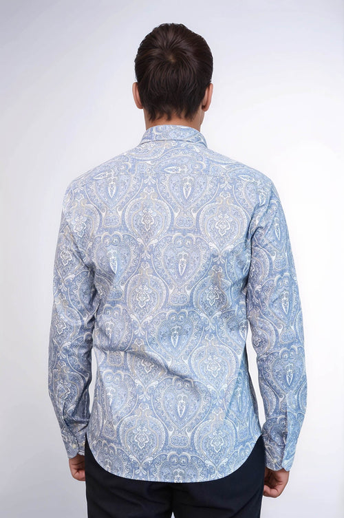 Blue Damask Pattern Slim Fit Shirt - Wessi