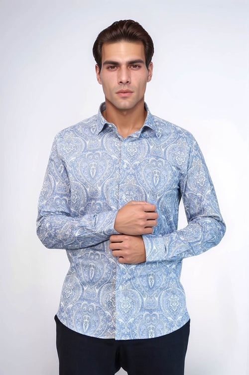 Blue Damask Pattern Slim Fit Shirt - Wessi
