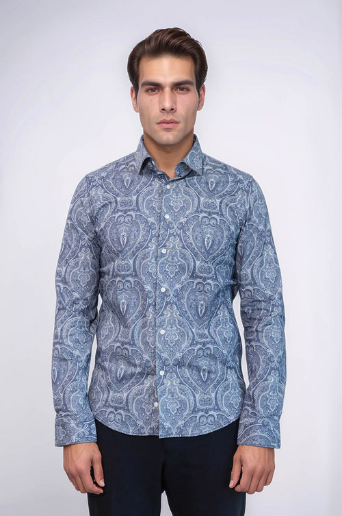 Blue Patterned Slim Fit Men's Shirt - Wessi