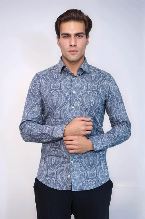 Blue Patterned Slim Fit Men's Shirt - Wessi