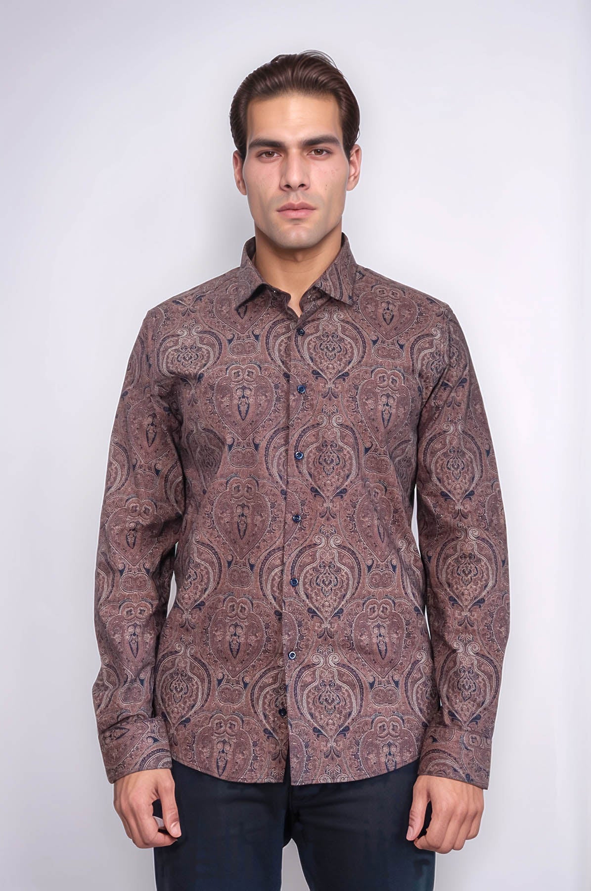 Brown Patterned Slim Fit Men's Shirt - Wessi