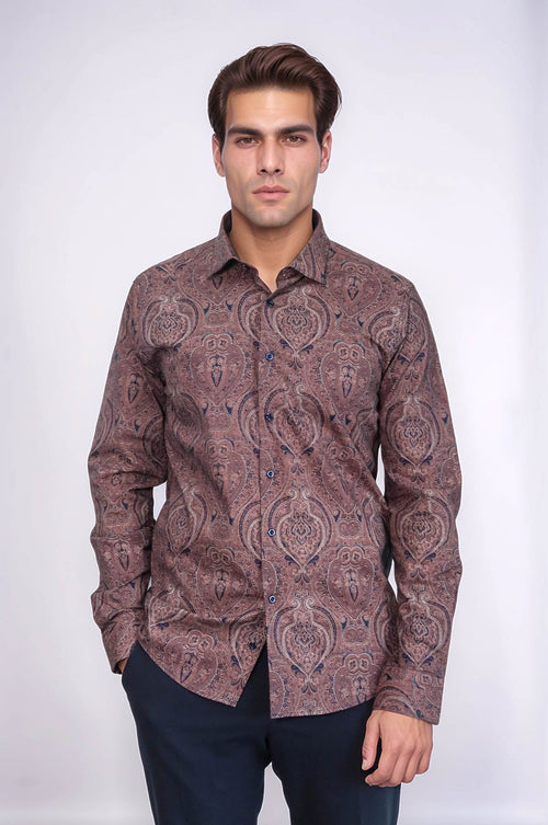 Brown Patterned Slim Fit Men's Shirt - Wessi