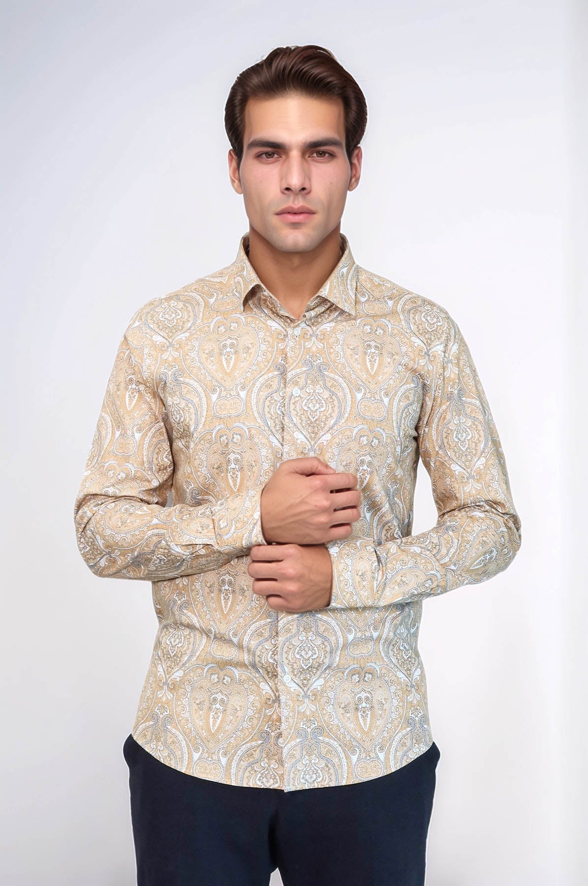 Beige Patterned Slim Fit Men's Shirt - Wessi