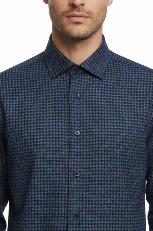 Damask Pattern Slim Fit Long Sleeves Blue Men Shirt - Wessi