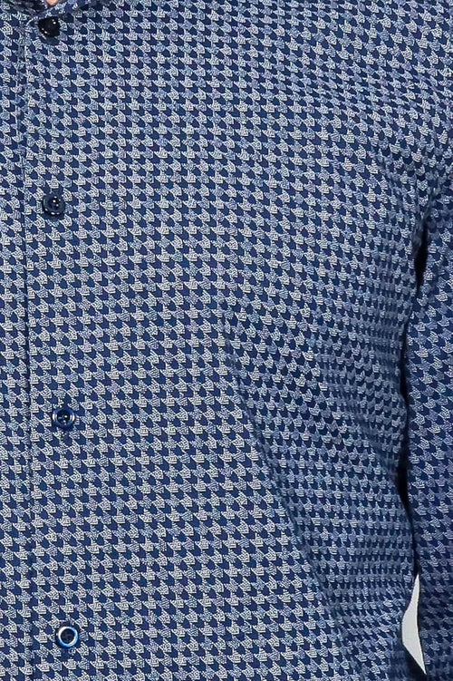 Houndstooth Pattern Slim Fit Navy Blue Men Shirt - Wessi