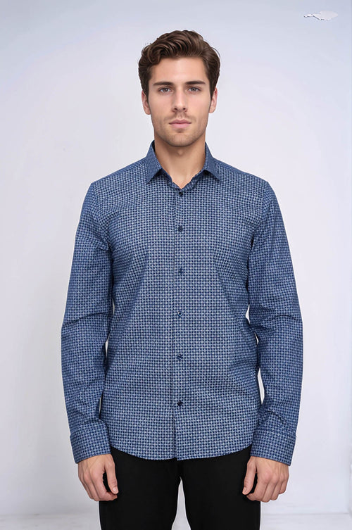 Houndstooth Pattern Slim Fit Navy Blue Men Shirt - Wessi