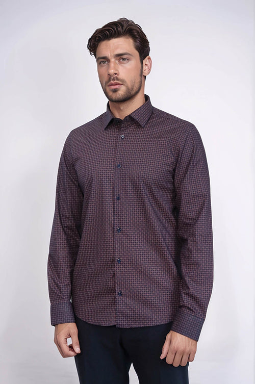 Houndstooth Pattern Slim Fit Brown Men Shirt - Wessi