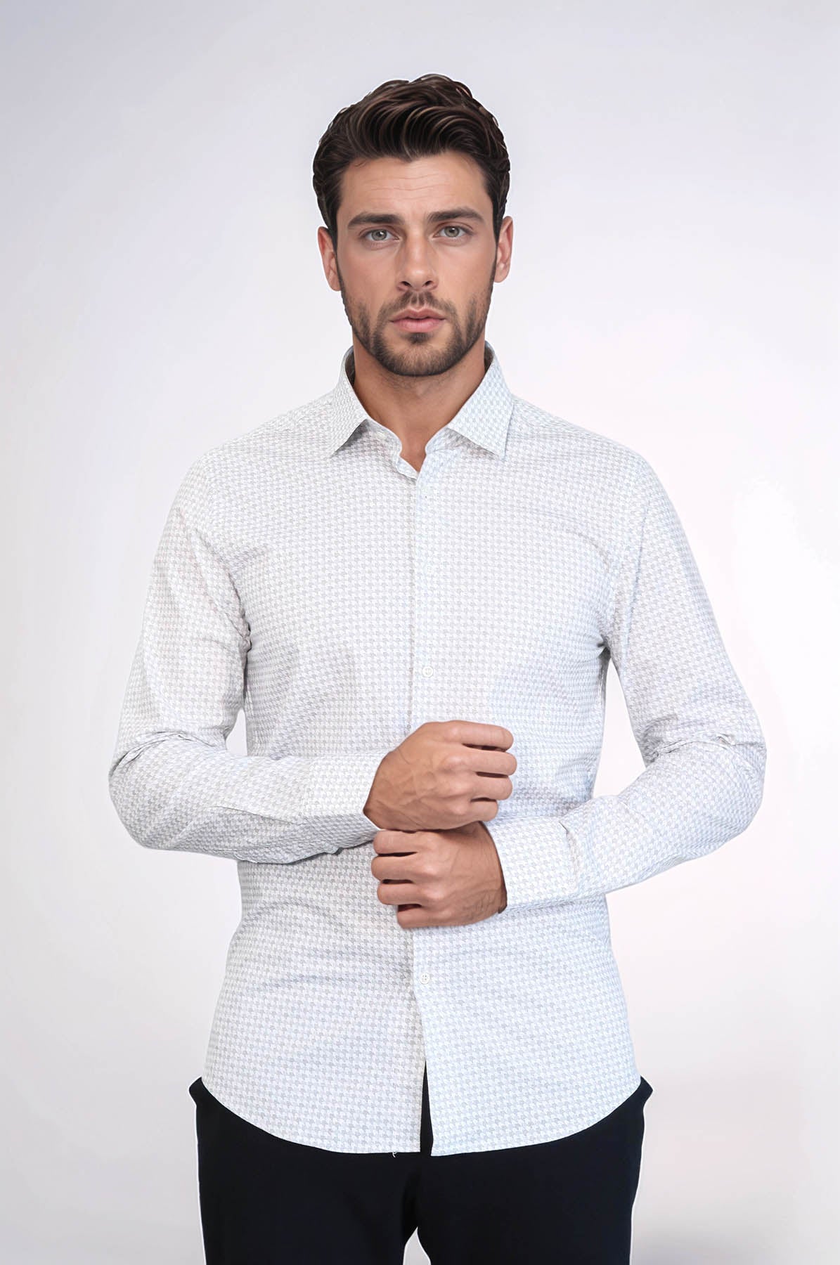 Houndstooth Pattern Slim Fit Ecru Men Shirt - Wessi