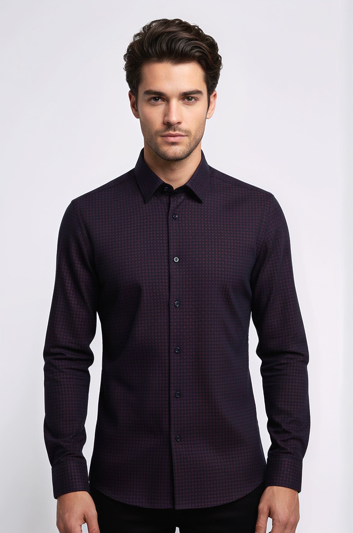 Houndstooth Pattern Slim Fit Burgundy Men Shirt - Wessi