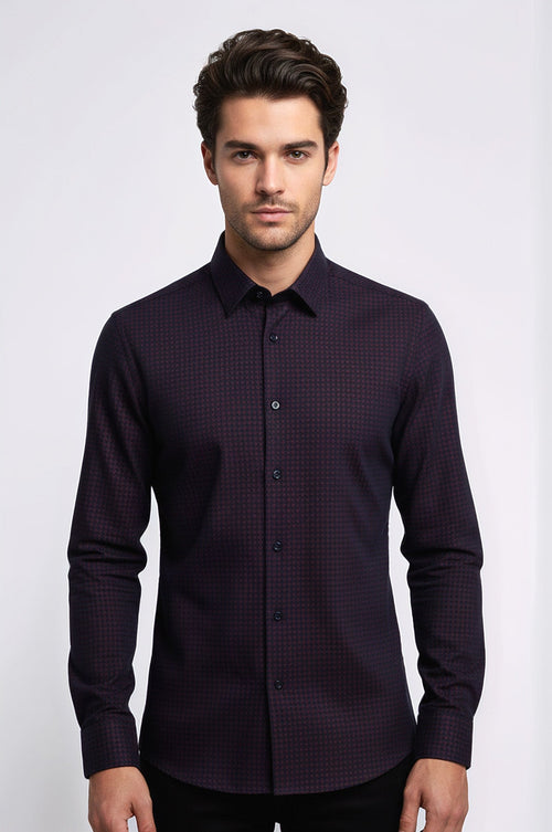 Houndstooth Pattern Slim Fit Burgundy Men Shirt - Wessi