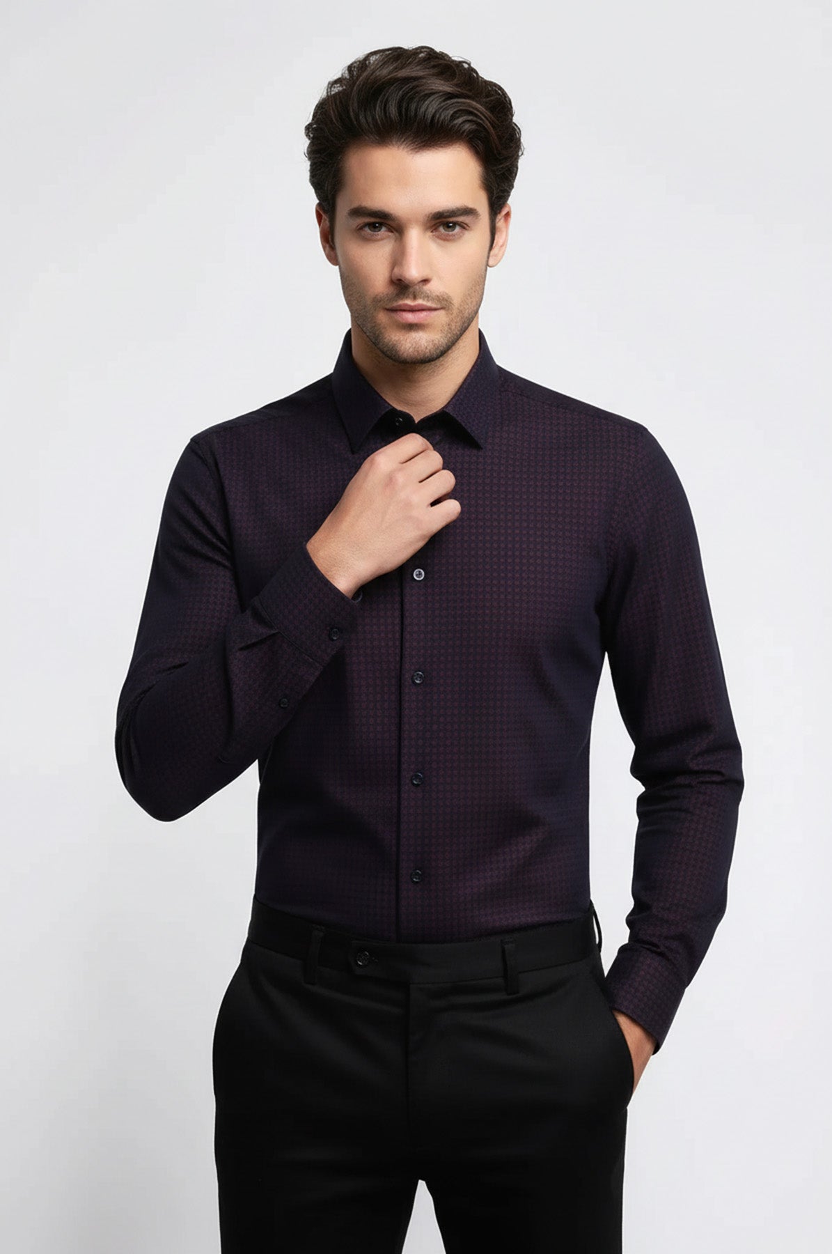 Houndstooth Pattern Slim Fit Burgundy Men Shirt - Wessi