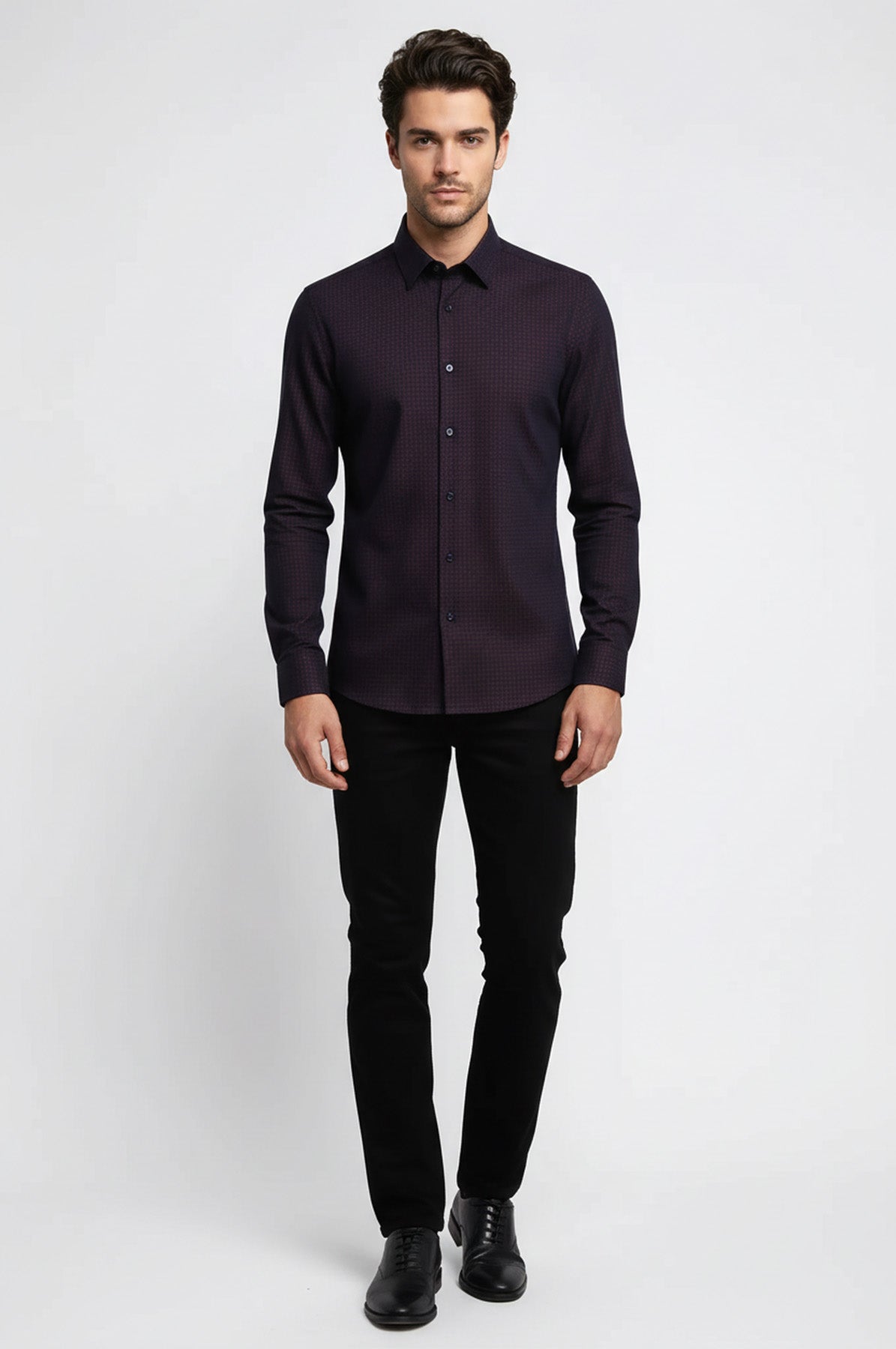 Houndstooth Pattern Slim Fit Burgundy Men Shirt - Wessi
