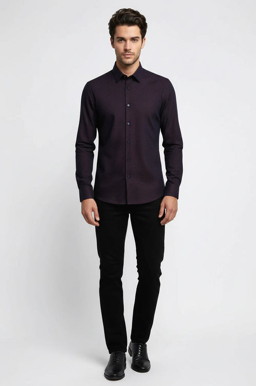 Houndstooth Pattern Slim Fit Burgundy Men Shirt - Wessi