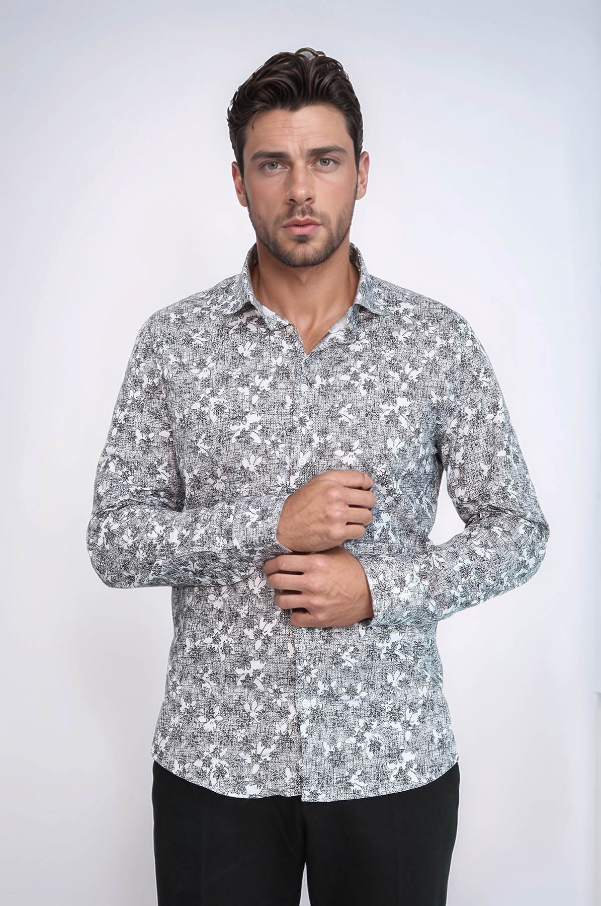 Bloom Patterned Dark Slim Fit Grey Men Shirt - Wessi