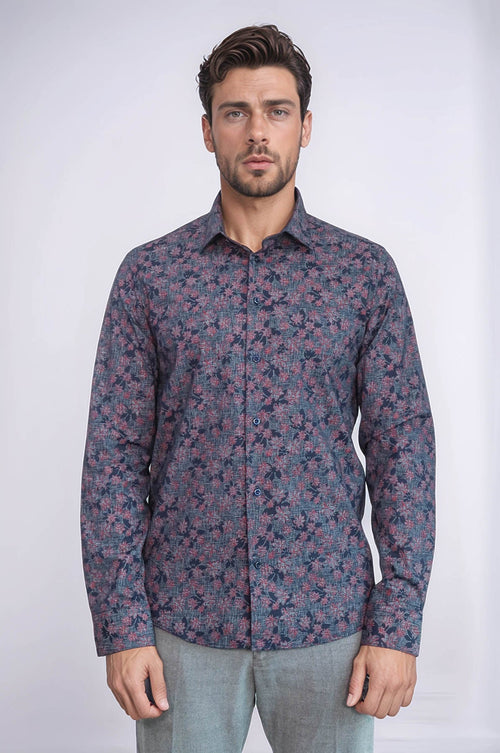 Bloom Patterned Slim Fit Navy Blue Men Shirt - Wessi