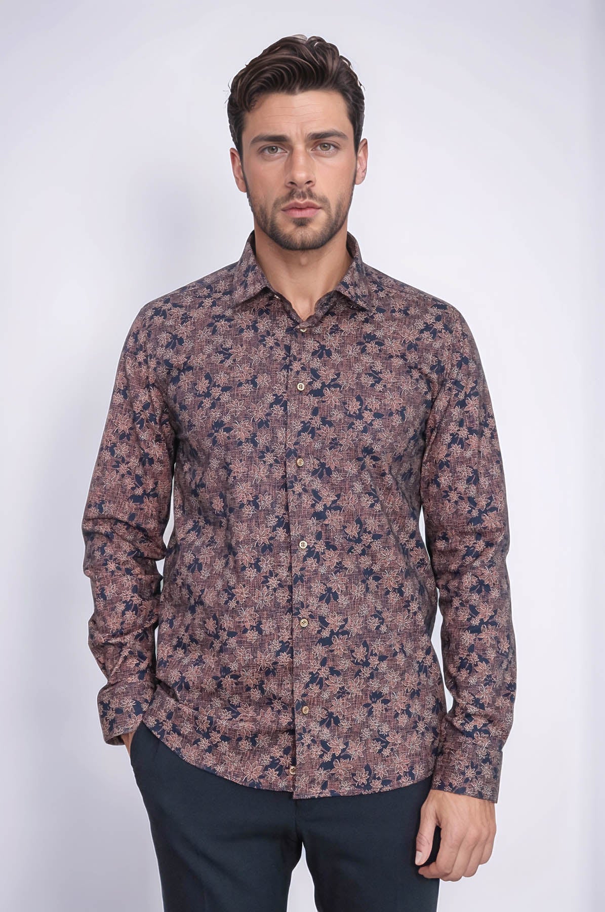 Bloom Patterned Brown Slim Fit Shirt - Wessi
