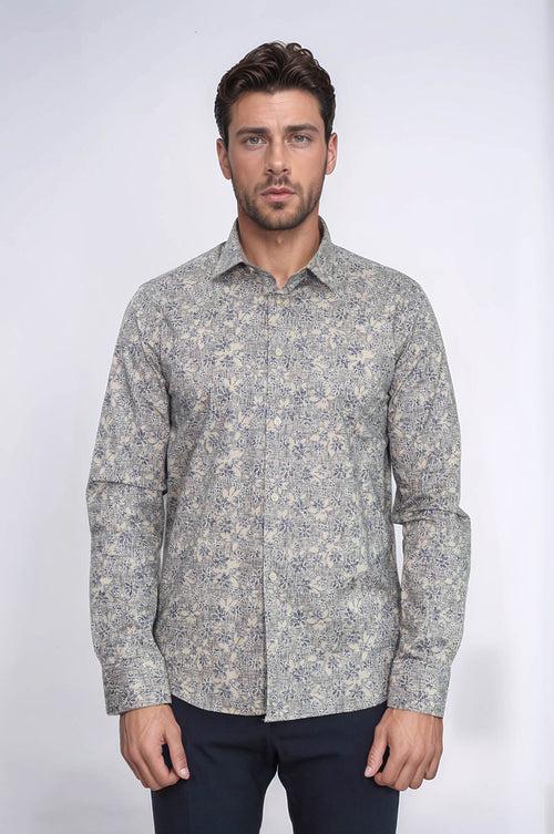 Bloom Patterned Beige Slim Fit Shirt - Wessi