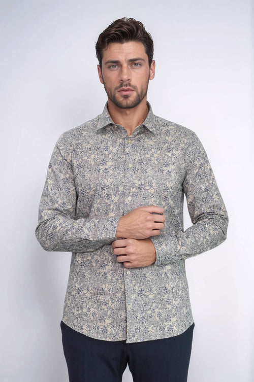 Bloom Patterned Beige Slim Fit Shirt - Wessi
