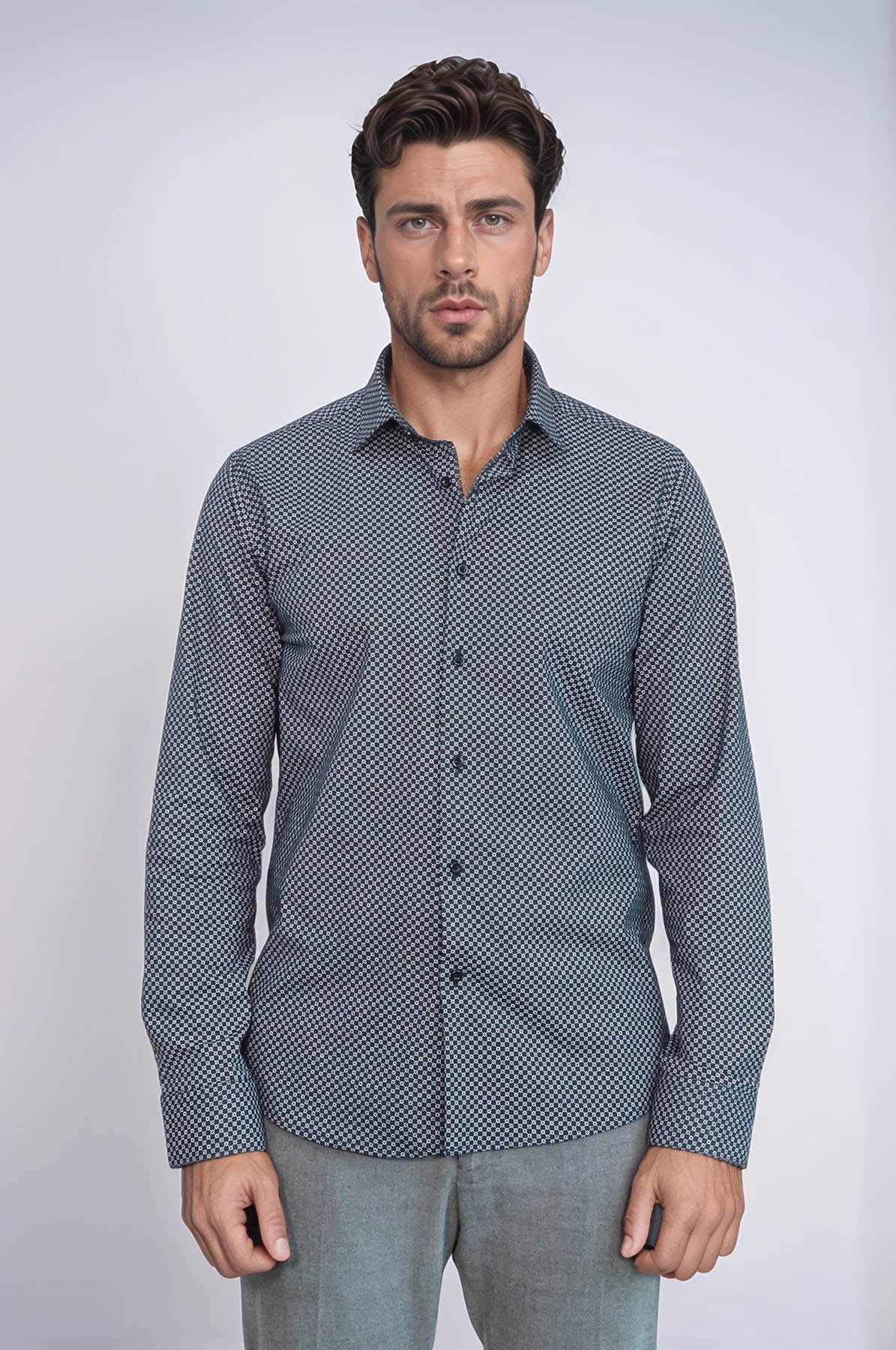 Navy Blue Tiny Check Patterned Slim Fit Shirt - Wessi